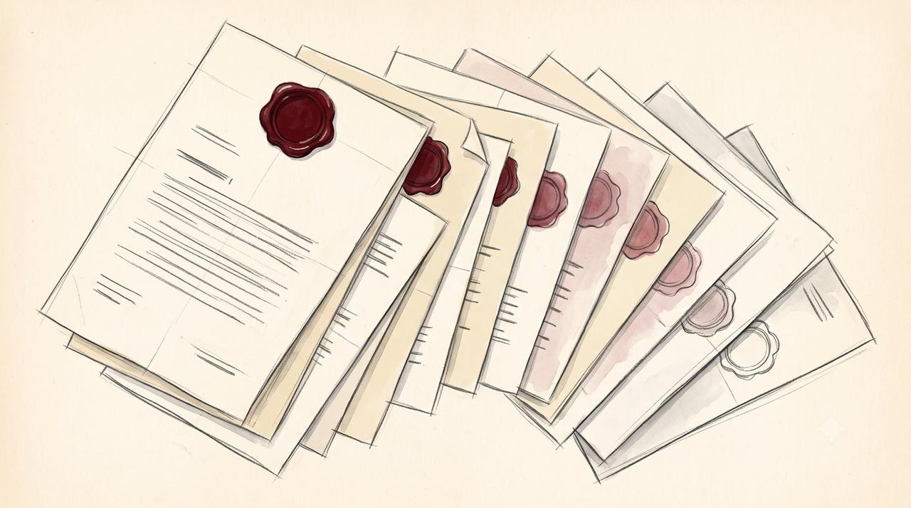 Pencil and watercolor illustration of about ten official paper documents fanned out across cream paper, each marked with a wax seal that fades progressively from vivid oxblood at the front to pale pencil outline at the back.