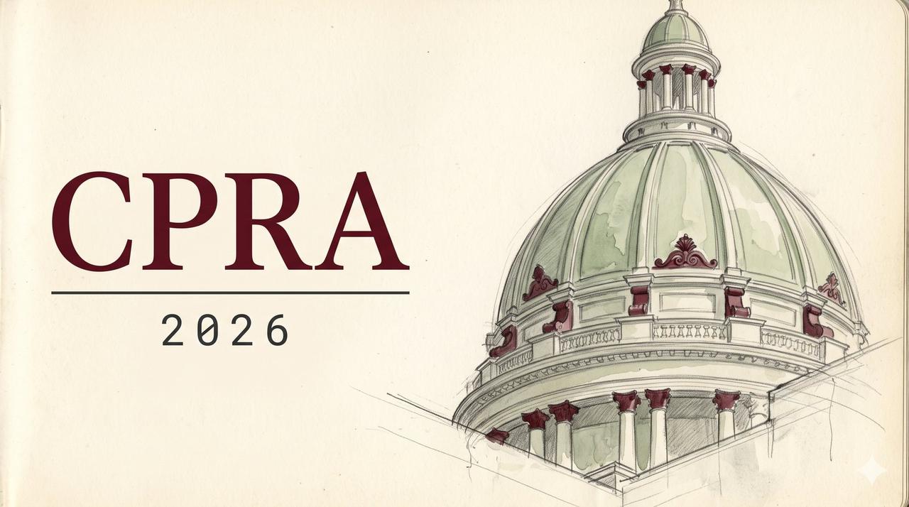 Pencil and watercolor architectural study of the California State Capitol dome in soft sage green with oxblood ornamental details, beside a serif title block reading CPRA 2026.