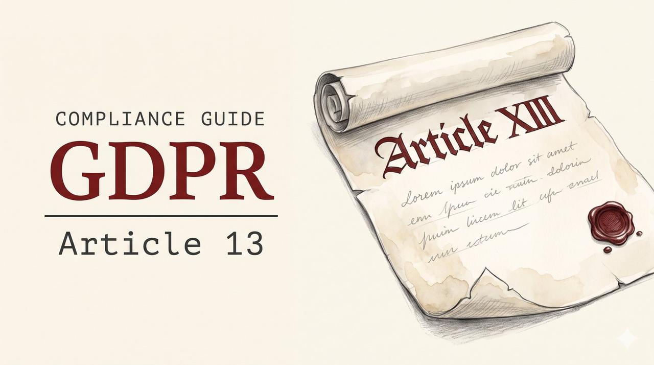 Pencil and watercolor illustration of a vintage parchment scroll bearing the hand-lettered heading Article XIII and a deep oxblood wax seal, beside an editorial title block reading Compliance Guide, GDPR, Article 13.
